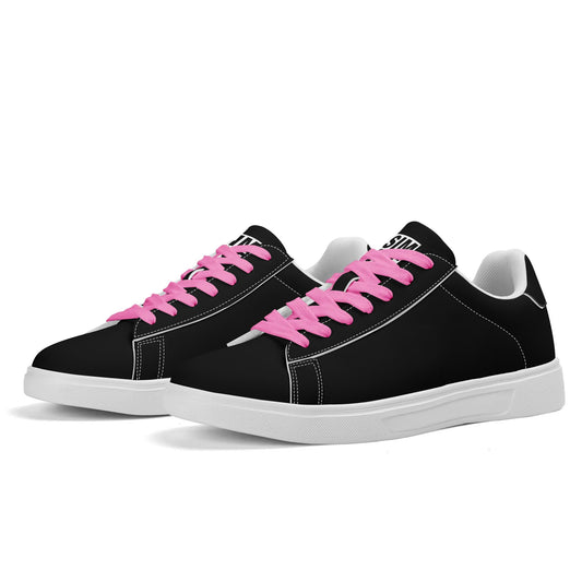 SIM-1 Low Top Leather Skateboard Shoes (Black with Pink Laces)