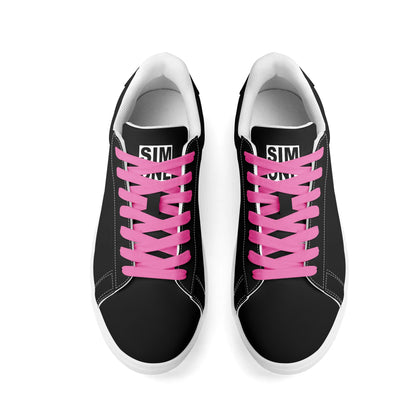 SIM-1 Low Top Leather Skateboard Shoes (Black with Pink Laces)