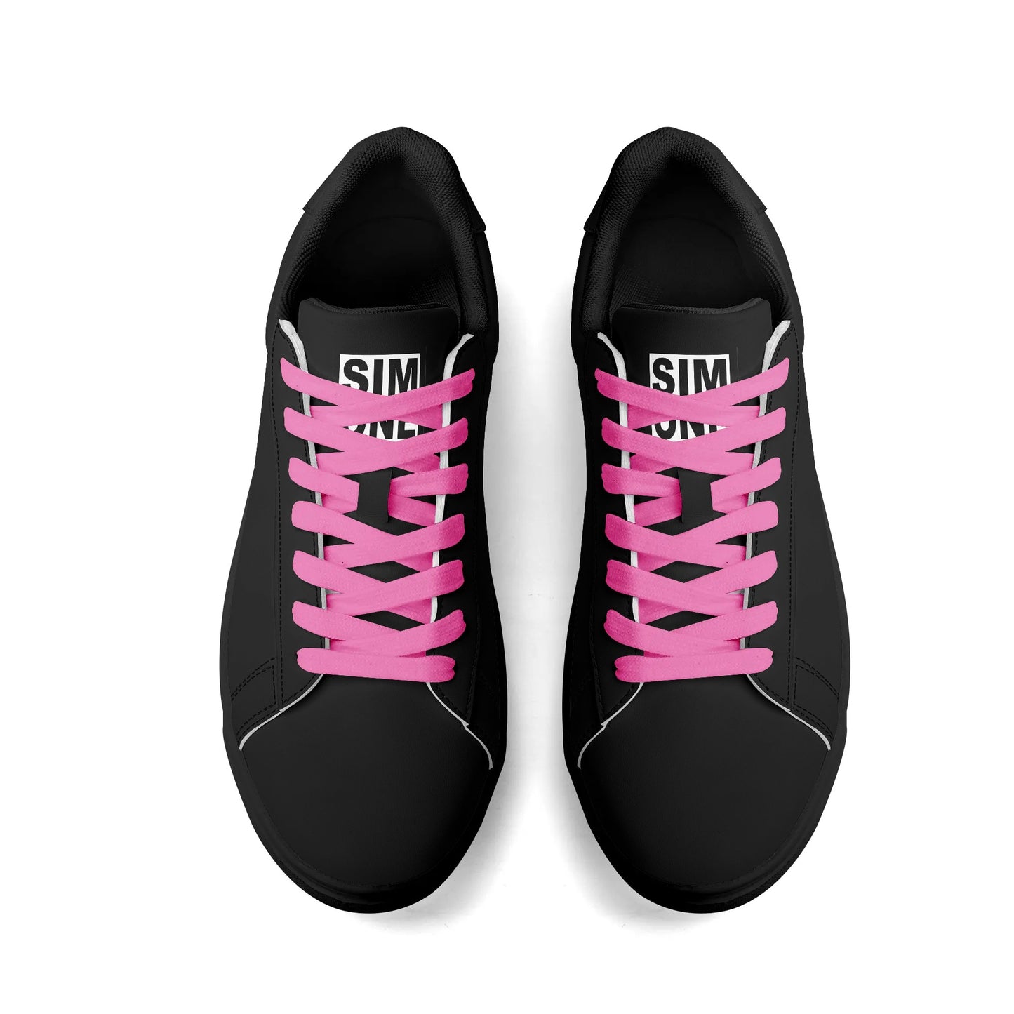 SIM-1 Low Top Leather Skateboard Shoes (Black with Pink Laces)