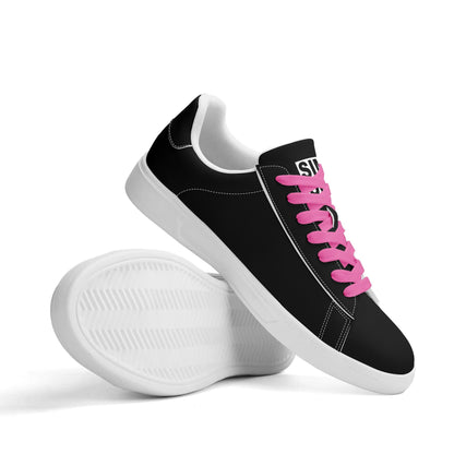 SIM-1 Low Top Leather Skateboard Shoes (Black with Pink Laces)