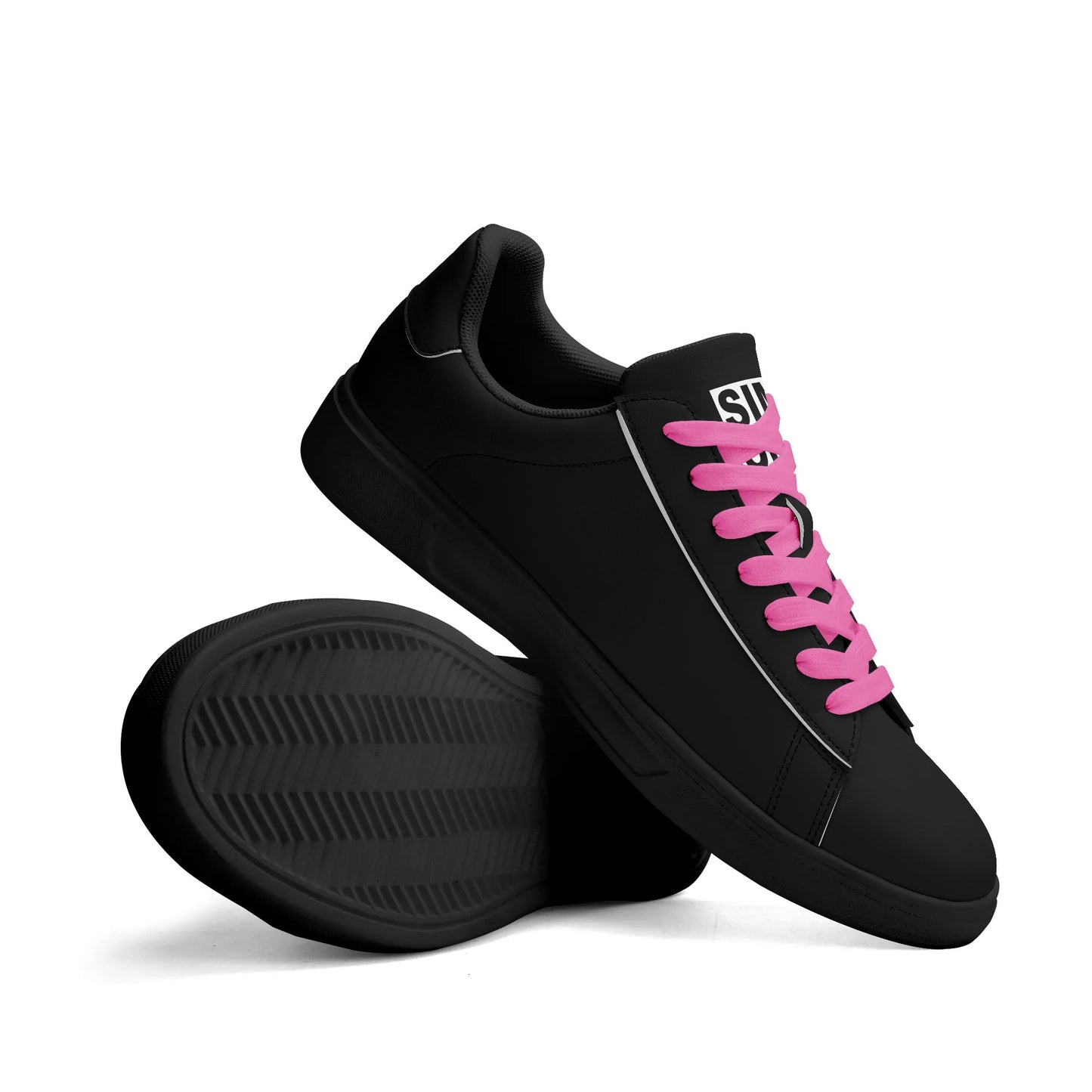 SIM-1 Low Top Leather Skateboard Shoes (Black with Pink Laces)