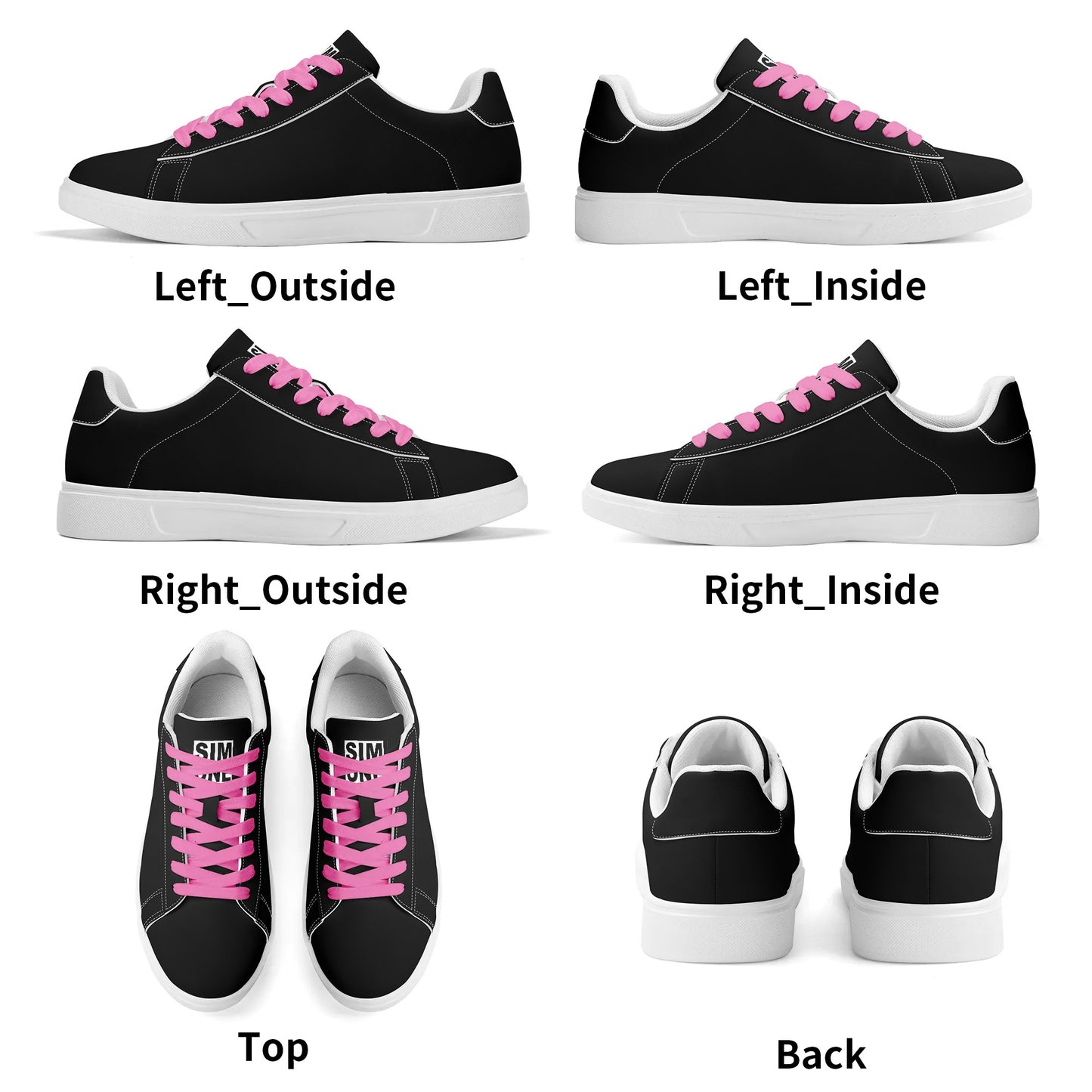 SIM-1 Low Top Leather Skateboard Shoes (Black with Pink Laces)