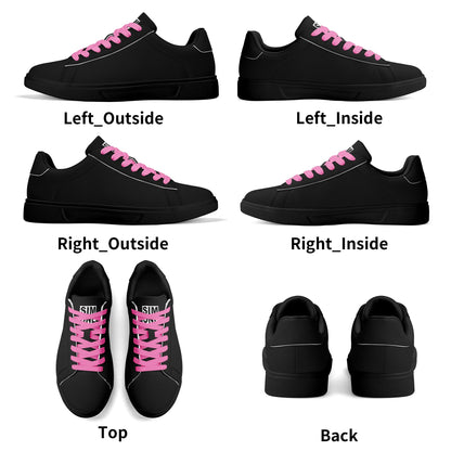 SIM-1 Low Top Leather Skateboard Shoes (Black with Pink Laces)