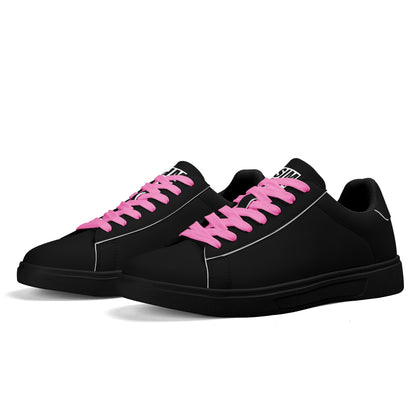 SIM-1 Low Top Leather Skateboard Shoes (Black with Pink Laces)