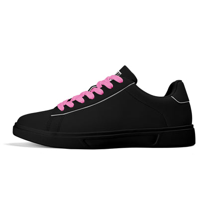 SIM-1 Low Top Leather Skateboard Shoes (Black with Pink Laces)