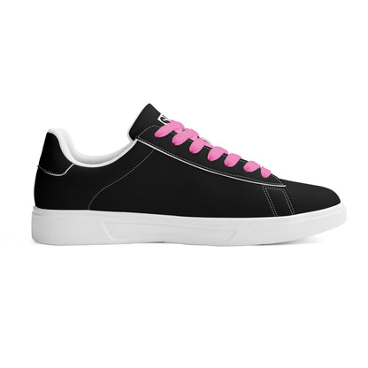 SIM-1 Low Top Leather Skateboard Shoes (Black with Pink Laces)