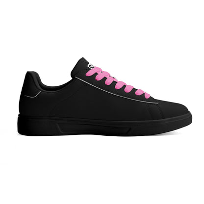 SIM-1 Low Top Leather Skateboard Shoes (Black with Pink Laces)