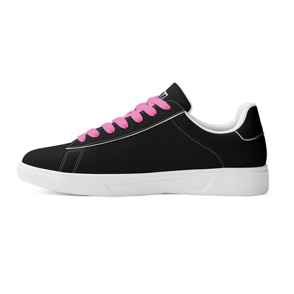 SIM-1 Low Top Leather Skateboard Shoes (Black with Pink Laces)