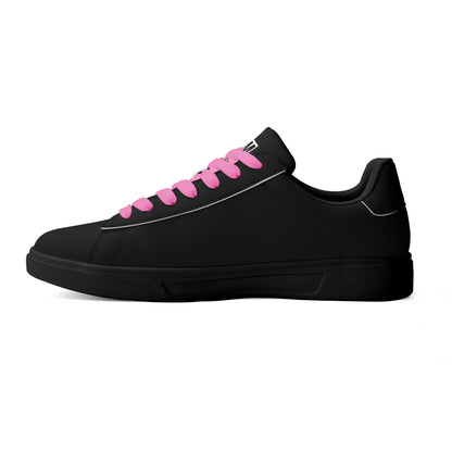 SIM-1 Low Top Leather Skateboard Shoes (Black with Pink Laces)