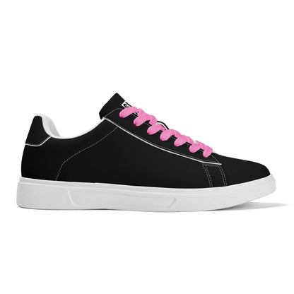 SIM-1 Low Top Leather Skateboard Shoes (Black with Pink Laces)